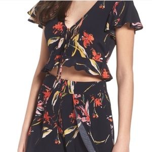 Leith Ruffle Tie Front Crop Top Size Medium NAVY FLORAL PRINT